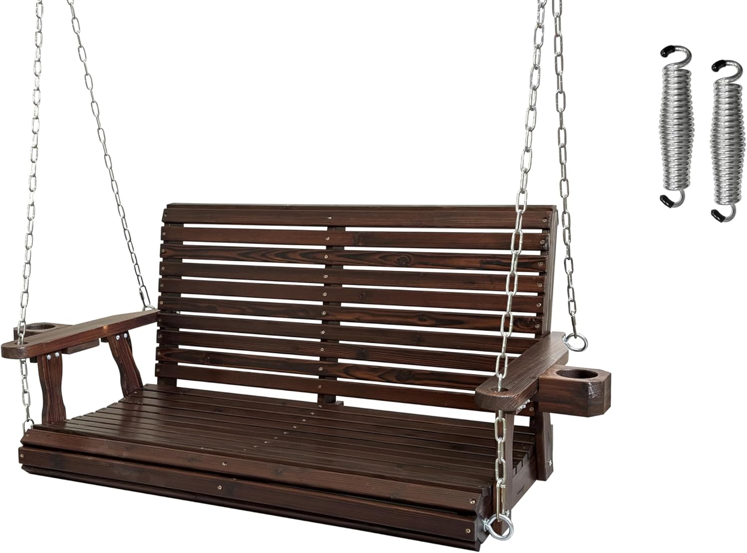 Wooden Porch Swing 2-Seater, High Backrest and Deep Seat, Bench Swing with Cupholders, Hanging Chains and 7mm Springs, Heavy Duty 880 LBS, for Outdoor Patio Garden (Deep Brown, 4 FT Extra Large)-VerdiqueGarden