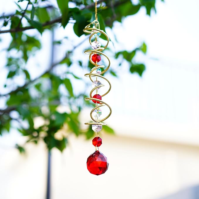 H&D HYALINE & DORA 17.7in Crystal Suncatcher Gazing Ball Spiral Tail,Wind Spinner Sun Catcher with Octagonal Beads,Sun Catchers Window Hanging for Outdoor Garden Decor-VerdiqueGarden
