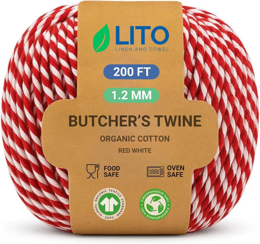 Red and White Organic Twine Cotton String - 200 Feet Wrapping, Baking, Butcher, Crafts, DIY Projects, Easter, Christmas-VerdiqueGarden