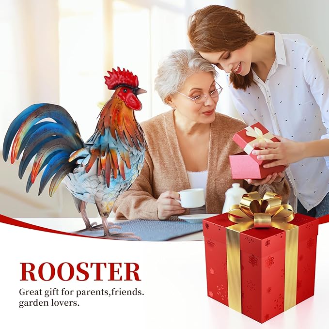 Metal Rooster Decor Garden Statue,Yard Chicken Decorations Outdoor Sculpture for Backyard Patio Kitchen Lawn Ornaments,Birthday for Women Mom-VerdiqueGarden