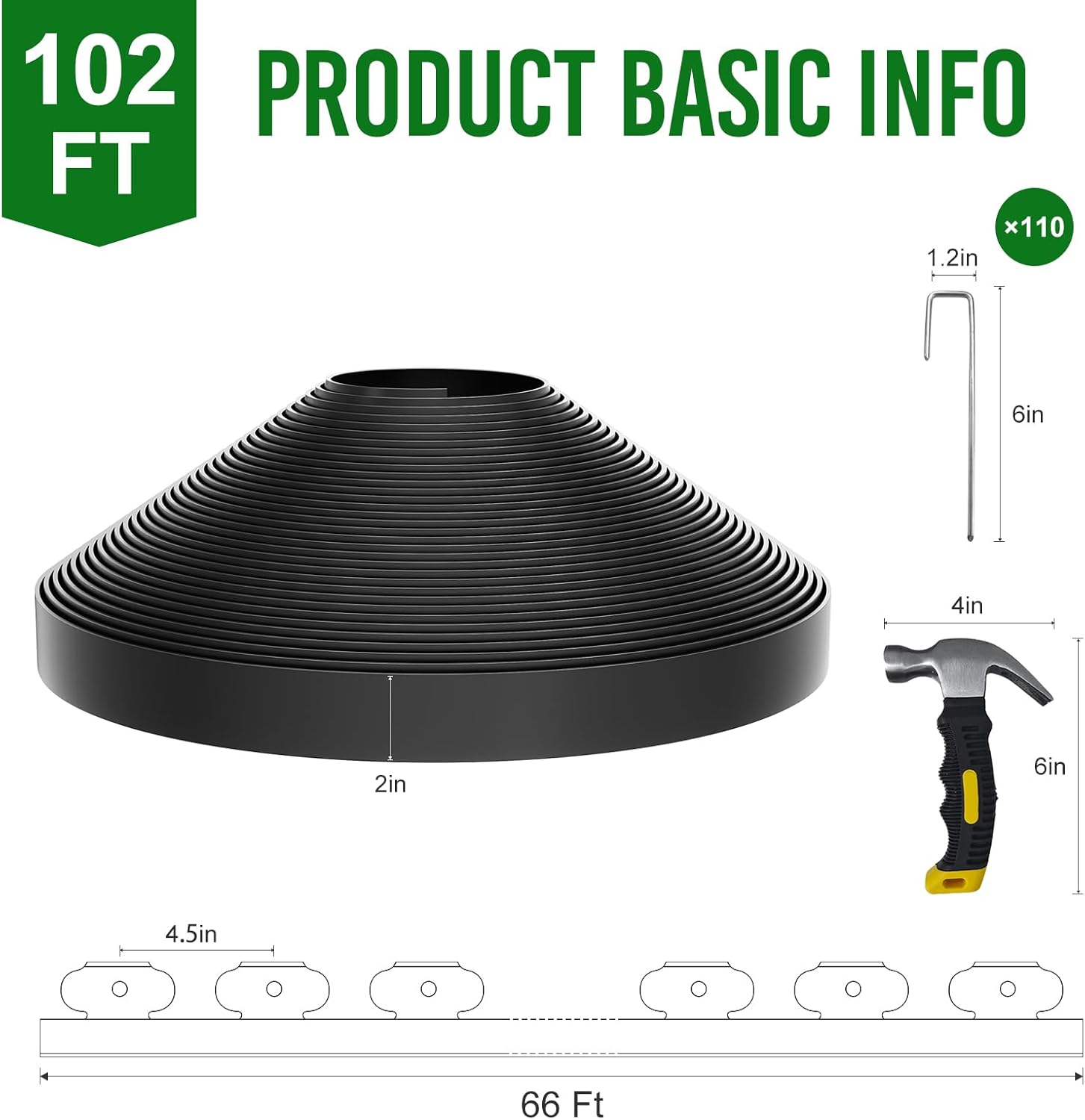 102FT Landscape Edging 2 in Tall with 110 Spikes, Garden Edging Border and 1 Hammer, Plastic Landscape Edging Border Lawn Edging for Landscaping, Flower Beds, Yard-VerdiqueGarden