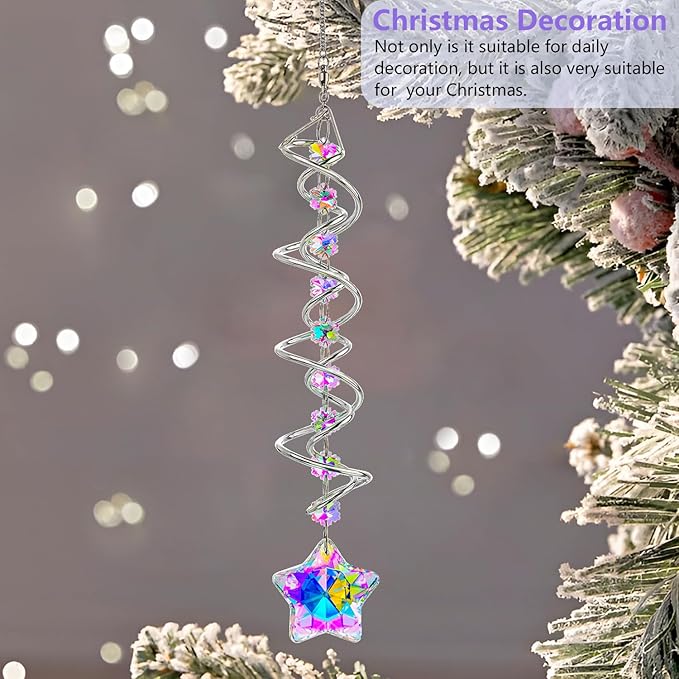 H&D HYALINE & DORA 21inch Crystal Suncatcher for Window Hanging Double-Spiral Design Gazing Ball Spiral Tail Wind Spinners Sun Catchers Rainbow Maker Indoor Outdoor Christmas Decoration-VerdiqueGarden