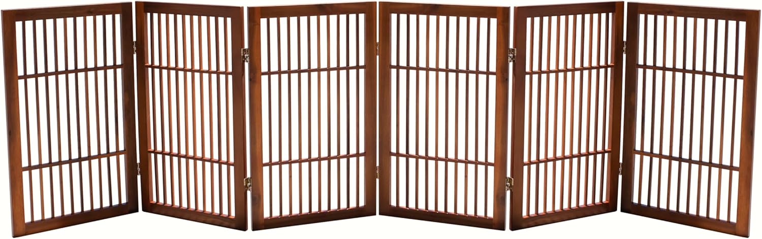 Pet Dog Gate Strong and Durable Freestanding Folding Acacia Hardwood Portable Wooden Fence Indoors or Outdoors by Urnporium (Brown Pet Gate, 6 Panel 30" Tall)-VerdiqueGarden