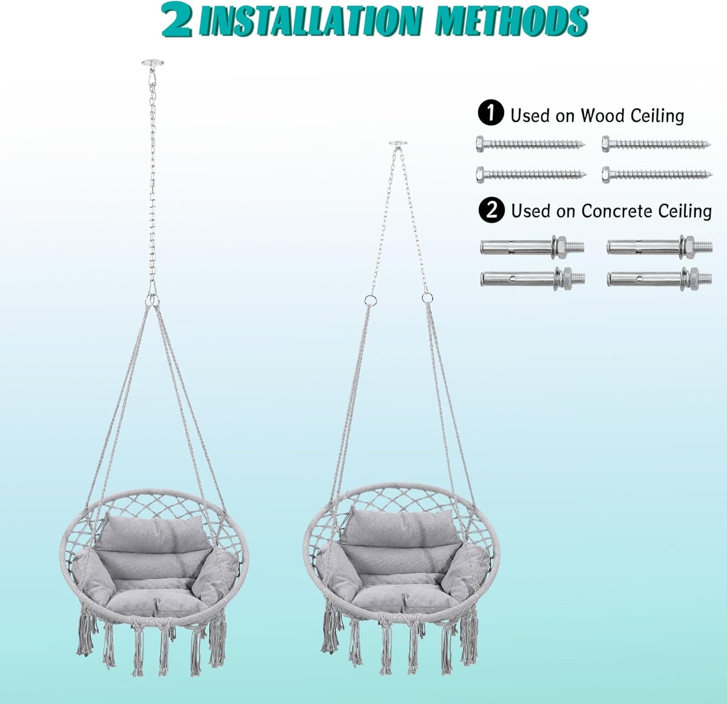 Macrame Hammock Hanging Swinging Chair with Medium Cushion, Perfect for Bedroom, Porch, Adults, Balcony, Grey-VerdiqueGarden