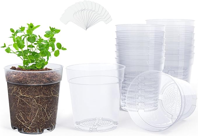 homenote Clear Nursery Pots for Plants,7 Inch Plant Pot for Planting Plastic Seedling with Drainage Holes Seed Starter Flower High Transparency with 20 Labels (15 Pack)-VerdiqueGarden