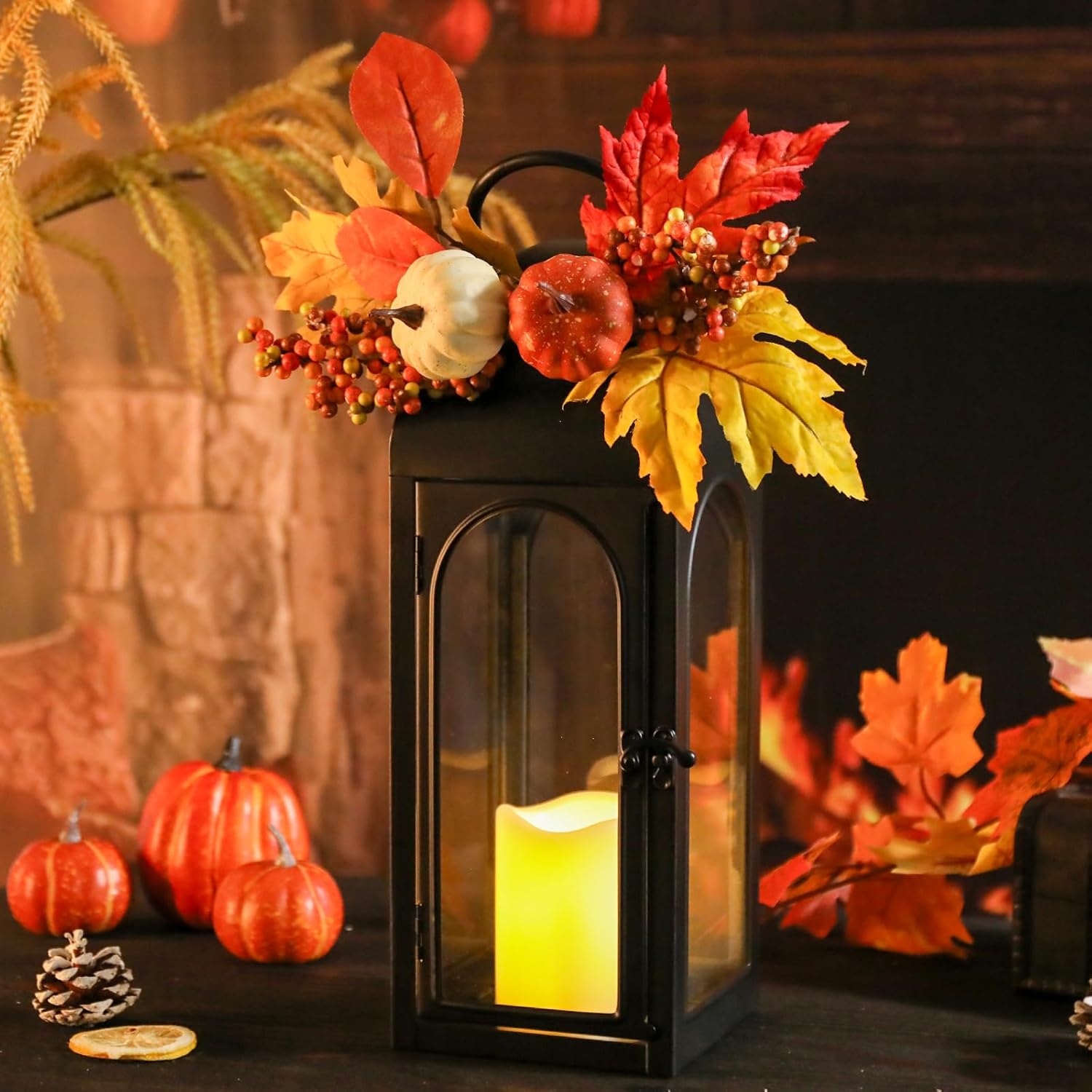 Bdor 2 Pack Fall Lanterns Decor with LED Candle – 16 Inch Harvest Pumpkin Maple Leaf Hanging Lantern for Autumn Thanksgiving Table Centerpiece Indoor Outdoor Decoration, Battery Operated-VerdiqueGarden