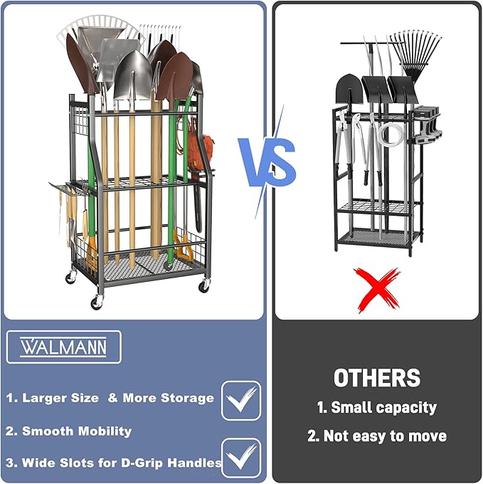 WALMANN Garden Tool Organizer with Wheels for Garage, Rakes/Shovels/Yard Tools Storage Stand for Garden, Shed, Indoor/Outdoor Long-Handled Tools Rolling Cart-VerdiqueGarden