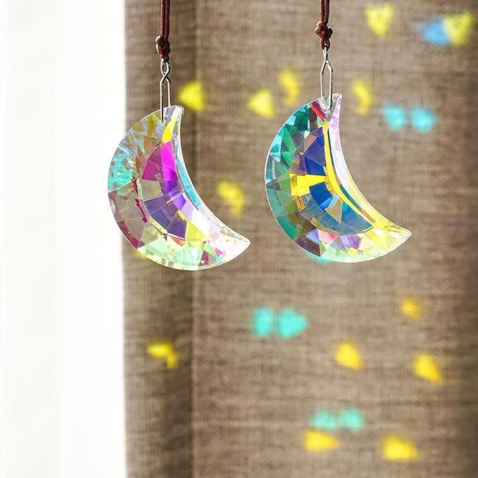HDCRYSTALGIFTS 2pcs 50mm Crystal Prisms Sun Catchers,Half Moon Drop Hanging Suncatchers for Windows, Rainbow Maker Crystals Decoration-VerdiqueGarden