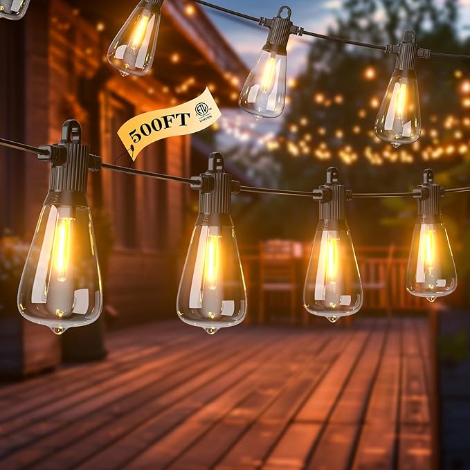 FOOMAN LED Outdoor String Lights, 500FT Outside Waterproof Hanging Patio Lights with 250+10 Shatterproof ST38 Edison Bulbs, 2700K Warm White, Dimmable Light for Back Yard Porch Party Gazebo Bistro-VerdiqueGarden