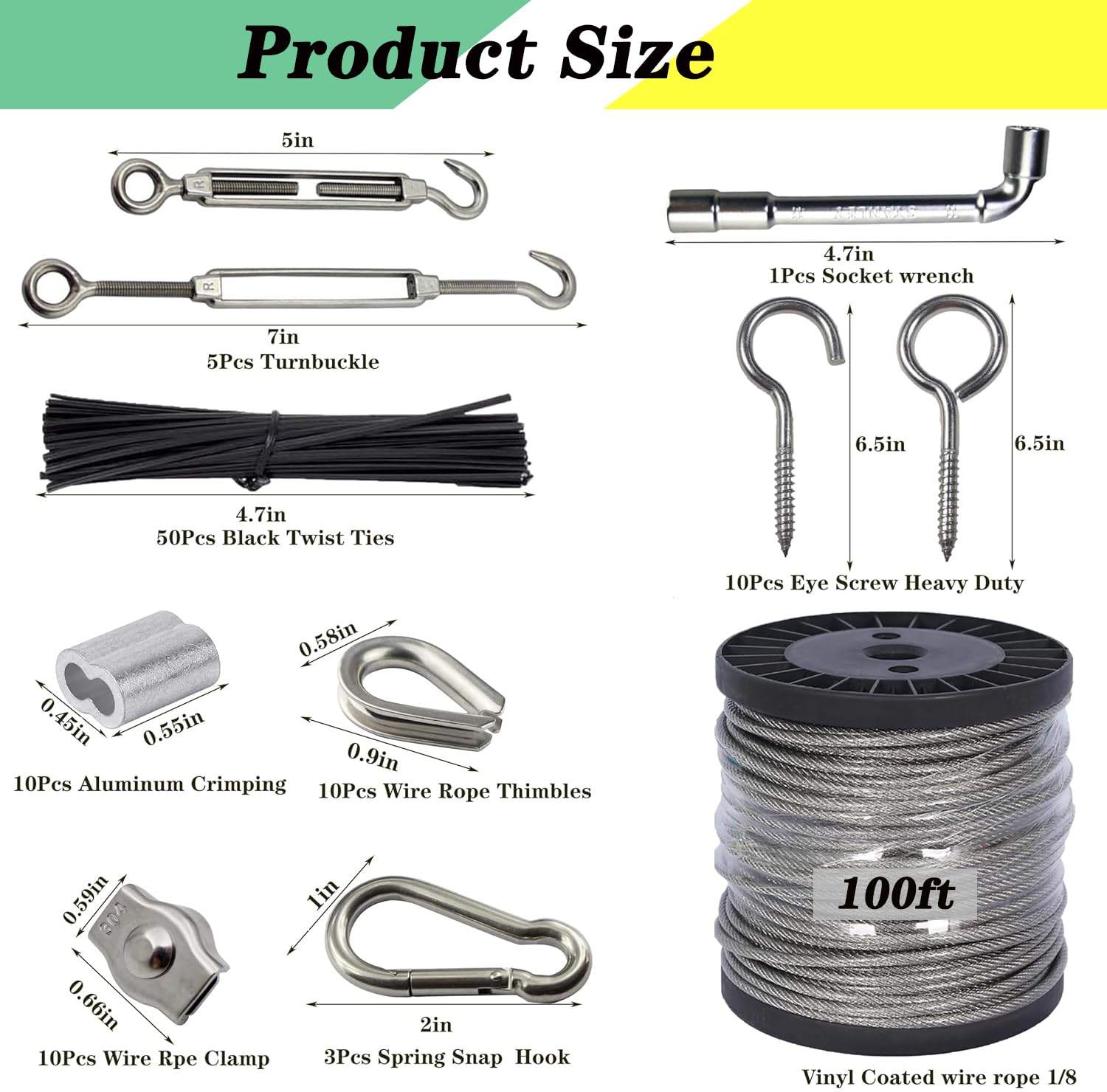 1/8" Stainless Steel Cable,100ft Wire Rope Kit Turnbuckles for Cables Wire, 7x7 Strand Core 3/32" Overmolded to 1/8" Metal Cable for Outdoor Hanging Kit,Garden Fence,Decor, Plant Hanger-VerdiqueGarden