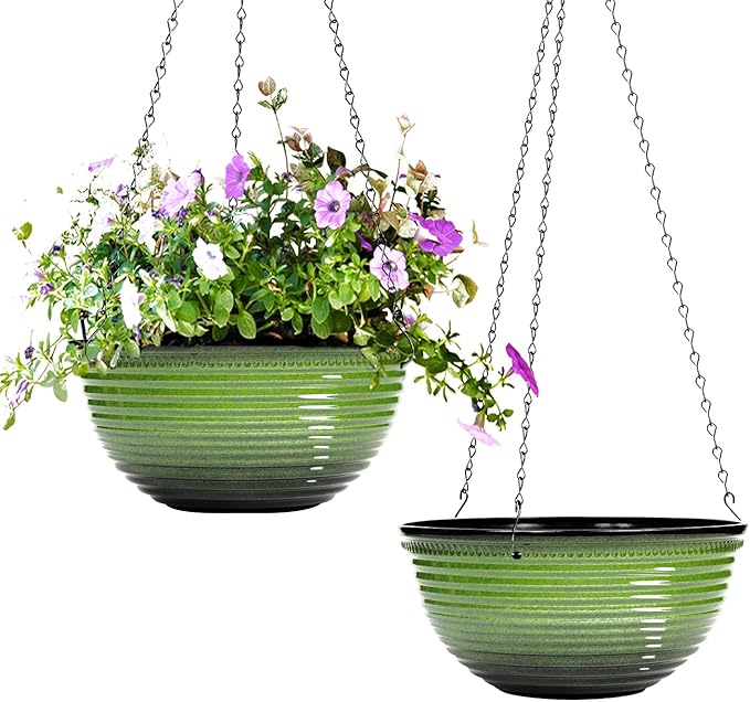 10 Inch Hanging Planter, 2 Pack Hanging Planters for Indoor Outdoor Plants Self Watering Hanging Pots with Drainage Holes for Garden Home (Green)-VerdiqueGarden