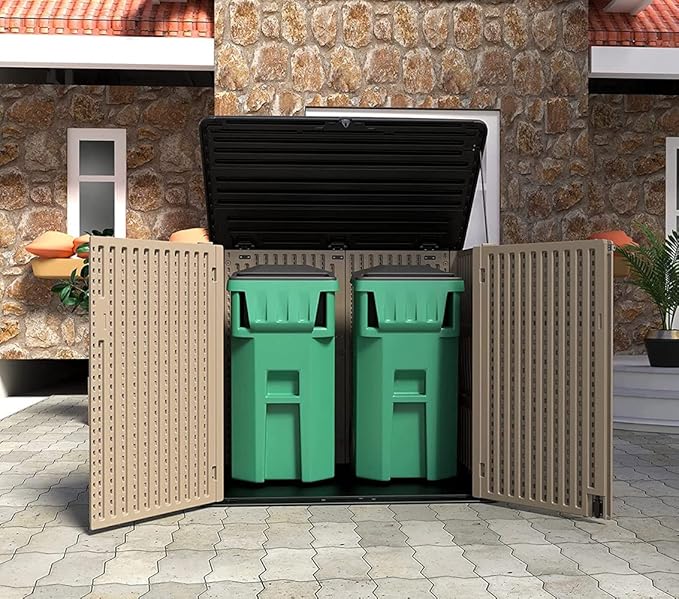 HOMSPARK Storage Shed Weather Resistance, Multi-Purpose Outdoor Storage Cabinet for Backyards and Patios, Horizontal Storage Shed for Lawnmower, Patio Accessories (Coffee, X Large - 48 cu.ft)-VerdiqueGarden