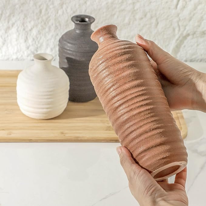 Ceramic Vase Set of 3 Neutral Decorative Vase for Farmhouse, Boho, or Rustic Home Decor Pottery Vases for Pampas Grass Living Room Bedroom Table Mantel Entryway Shelf (01-Brown)-VerdiqueGarden