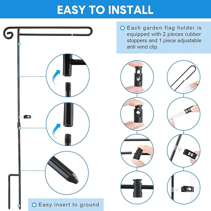 10 Pack Garden Flag Stand with Flag Stoppers and Clips, Black Powder Coated Weather Proof Garden Flag Pole Holder for Outdoor Garden Flag (Classic Style, 15.2 x 33.1 Inch)-VerdiqueGarden