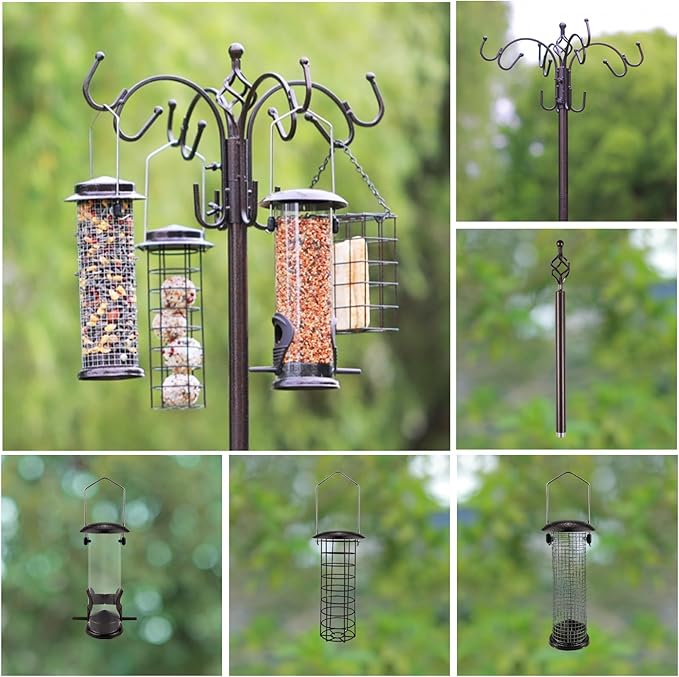 Bird Feeding Station Kit with Squirrel Baffle Bird Feeder Pole with Suet Cage Mesh Tray Fruit Hook Double W Hook for Attracting Wild Birds and Hanging Planter Hanger Lights-VerdiqueGarden