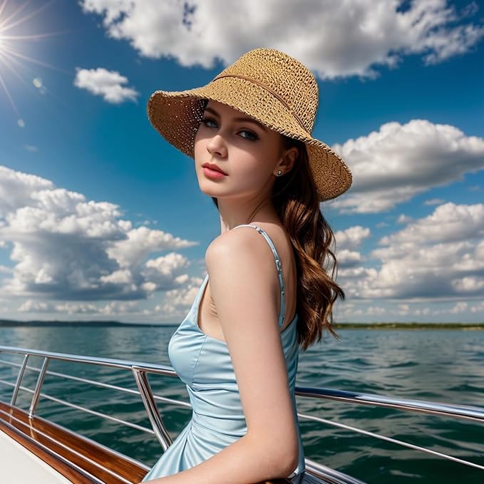 Womens Straw Beach Sun Hats, Foldable Packable Floppy Handmade Crochet Hats for Women,Large Summer Vacation Wide Brim Hat-VerdiqueGarden