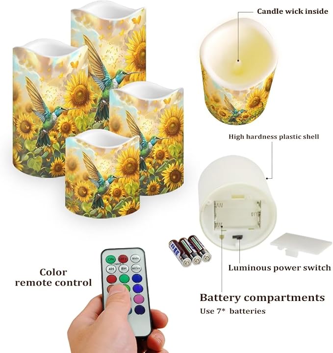 Ystardream Operated Candles with Flickering Flame Flameless Taper Candles Flickering Operated Electric Pillar Candle LED Candle for Indoor Outdoor Home Decor Hummingbird Sunflower-VerdiqueGarden