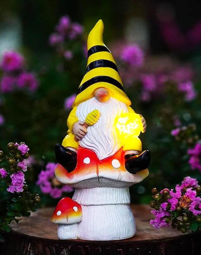 Solar Gnome Decor for Outside - Garden Beer Gnome Outdoor with Solar Lights, Sitting on Mushrooms - Perfect Housewarming or Women's Gifts (Yellow)-VerdiqueGarden