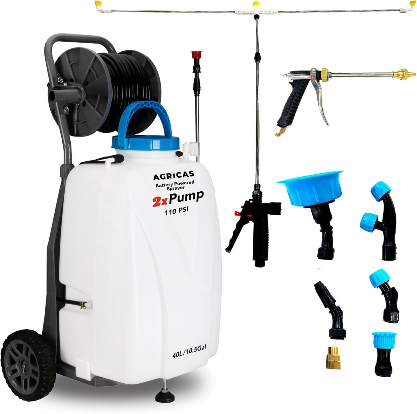 10.5 Gal Battery Powered Sprayer with Double Professional Pump with Wheels, Multifunctional and Portable Weed Sprayer for Lawn & Garden with Adjustable HD Wand and Nozzles-VerdiqueGarden