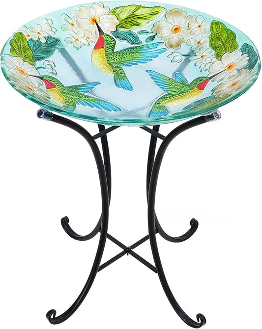 VCUTEKA 18" Outdoor Glass Birdbath with Sturdy Metal Stand for Lawn, Yard, or Garden Decor Bird Lovers Gift, Hummingbird Bird Bath Detachable, 22" Height-VerdiqueGarden