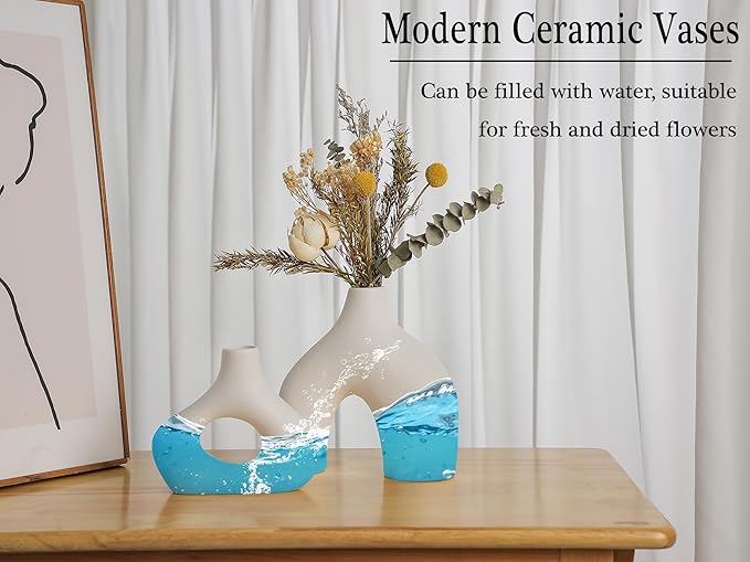 CEMABT White Ceramic Vase Set of 2 for Modern Minimalist Bohemian Decor，Round Matte Donut Vases for Pampas Grass-Perfect for Living Room, Dining Table, Office Bedroom Shelf Decor Entryway, Console-VerdiqueGarden