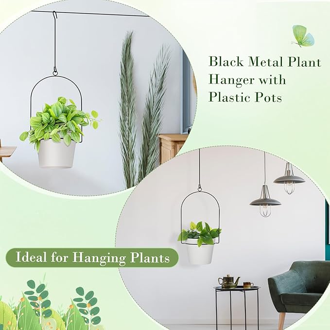 Hushee 6 Packs Metal Hanging Planters for Outdoor Indoor Plants Plant Hanger with 6.3'' Plastic Pots Hanging Planter Basket for Garden Home Porch Decor (White)-VerdiqueGarden