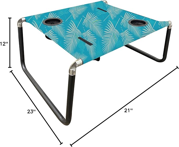 Neso Portable Beach Table with Cup Holders, Cell Phone Pockets, Lightweight for Picnics and Parks (Aqua Fronds)-VerdiqueGarden