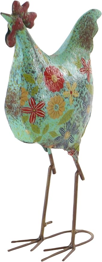 Deco 79 Metal Rooster Decorative Garden Sculpture Indoor Outdoor Distressed Standing Garden Statue with U Shaped Feet, Outdoor Sculpture 10" x 5" x 17", Green-VerdiqueGarden