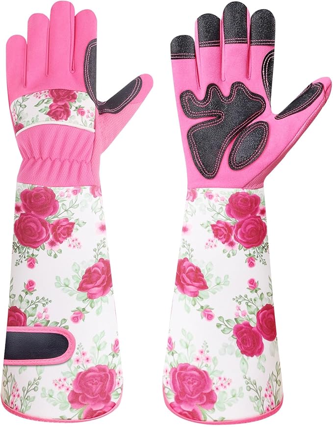 DLY Gardening Gloves for Women, Rose Gloves Gardening Thorn Proof, Long Garden Gloves for Women, Breathable & Durable Leather Gauntlet(Medium, Rose Red)-VerdiqueGarden
