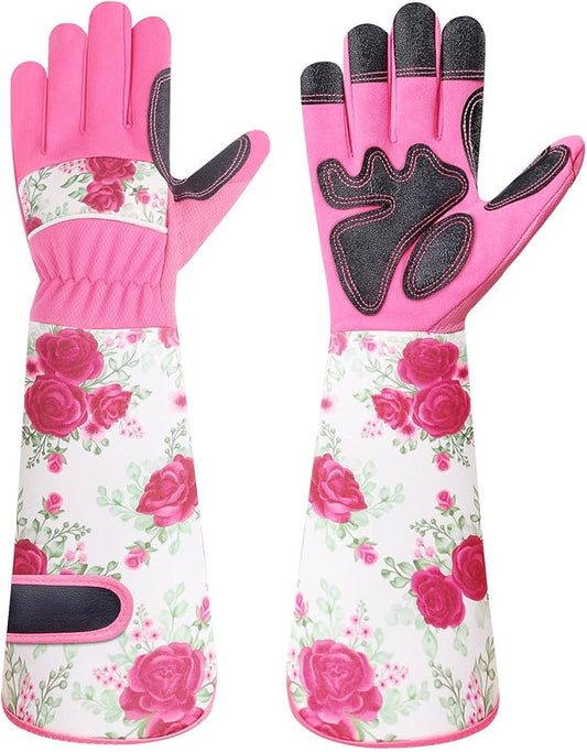 DLY Gardening Gloves for Women, Rose Gloves Gardening Thorn Proof, Long Garden Gloves for Women, Breathable & Durable Leather Gauntlet(Medium, Rose Red)-VerdiqueGarden