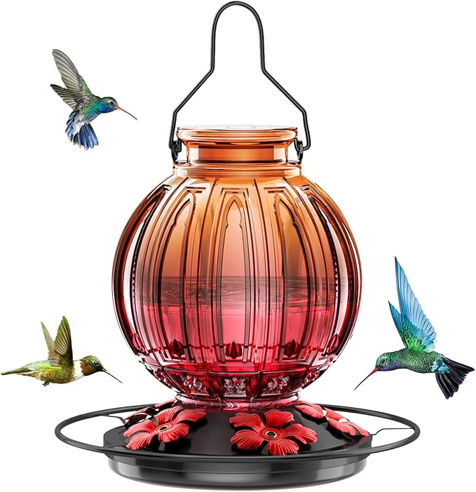 Glass Hummingbird Feeder for Outdoors Hanging, 26Oz Bird Nectar Feeder with Perch & 5 Flower Feeding Ports, Leak Proof for Outside Garden Decor Backyard, Gifts for Women Mom, Clear & Red-VerdiqueGarden