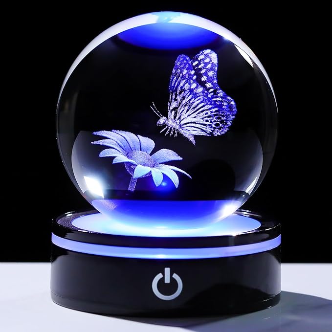 YWHL 3D Crystal Ball Butterfly and Flower Figurine with Colorful LED Base, Laser Butterfly Gifts for Women Men on Christmas Birthday, Crystal Ball Butterfly Decor Night Light for Home Decor (80mm)-VerdiqueGarden
