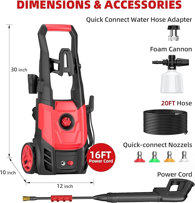 Electric Pressure Washer, 2.5 Max GPM Power Washer with Foam Cannon, Powerwasher with 4 Nozzles, High Pressure Washer for Cars, Driveways, Patios, Decks-VerdiqueGarden