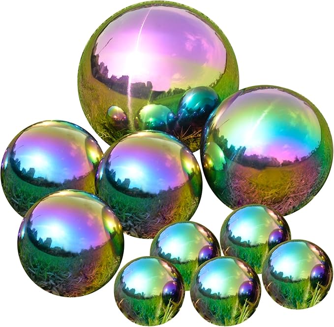 Nerien Gazing Ball, Stainless Steel Garden Mirror Globe, Polished Ornament Sphere, Hollow Floating Reflective Hemisphere, for Home Outdoor Pond Housewarming Swimming Pool Decoration, Rainbow, 10Pcs-VerdiqueGarden