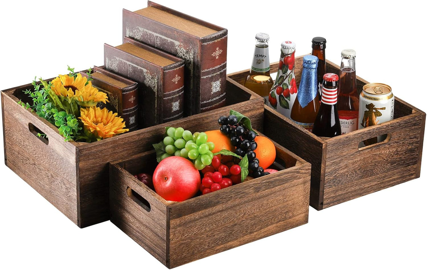 Frcctre Set of 3 Wood Nesting Storage Crates with Handles, Decorative Farmhouse Wooden Crates Storage Containers Rustic Handmade Natural Solid Wood Basket-VerdiqueGarden