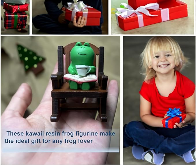 7 Pcs Cute Frog Rocking Chair Set with Miniature Frog Figurines, Mini cat, and Whimsical Trinkets - Versatile Decor for Office, Home, Yard, Patio, and Lawn-VerdiqueGarden