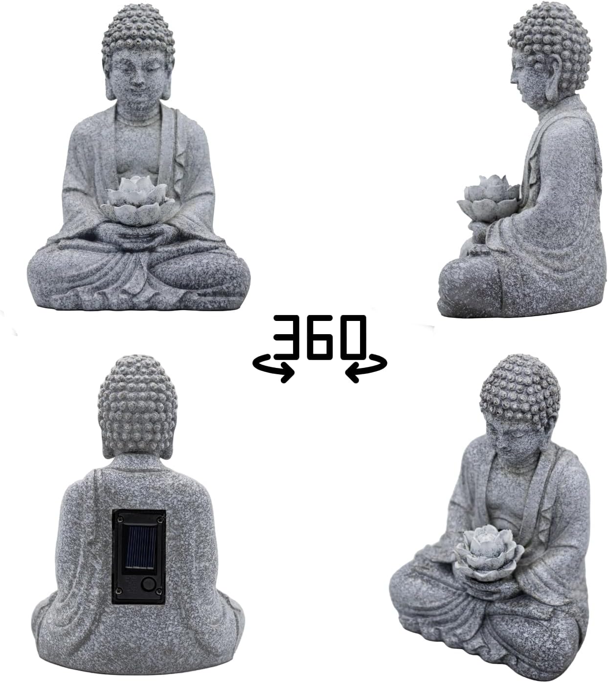 Buddha Lotus Statue with Solar Lights, Resin LED Figurine for Garden Decor – Unique Gift for Women and Friends(Grey Buddha)-VerdiqueGarden