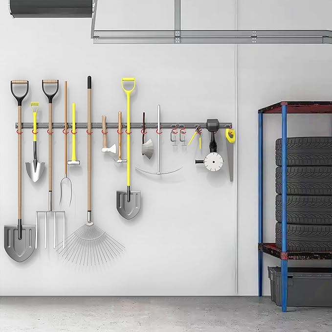 TORACK Metal Wall-Mounted Garden Tool Organizer for Garage, Mop and Broom Holder, Yard Tool Storage Rack for Rakes, Shovels, Mops, Brooms (4 Rails, 16 Hooks)-VerdiqueGarden