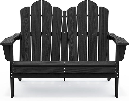 SERWALL Folding Adirondack Bench, HDPE All-Weather Adirondack Loveseat, 660 lbs Capacity, Foldable Outdoor Patio Bench for Deck, Lawn, Garden, Black-VerdiqueGarden