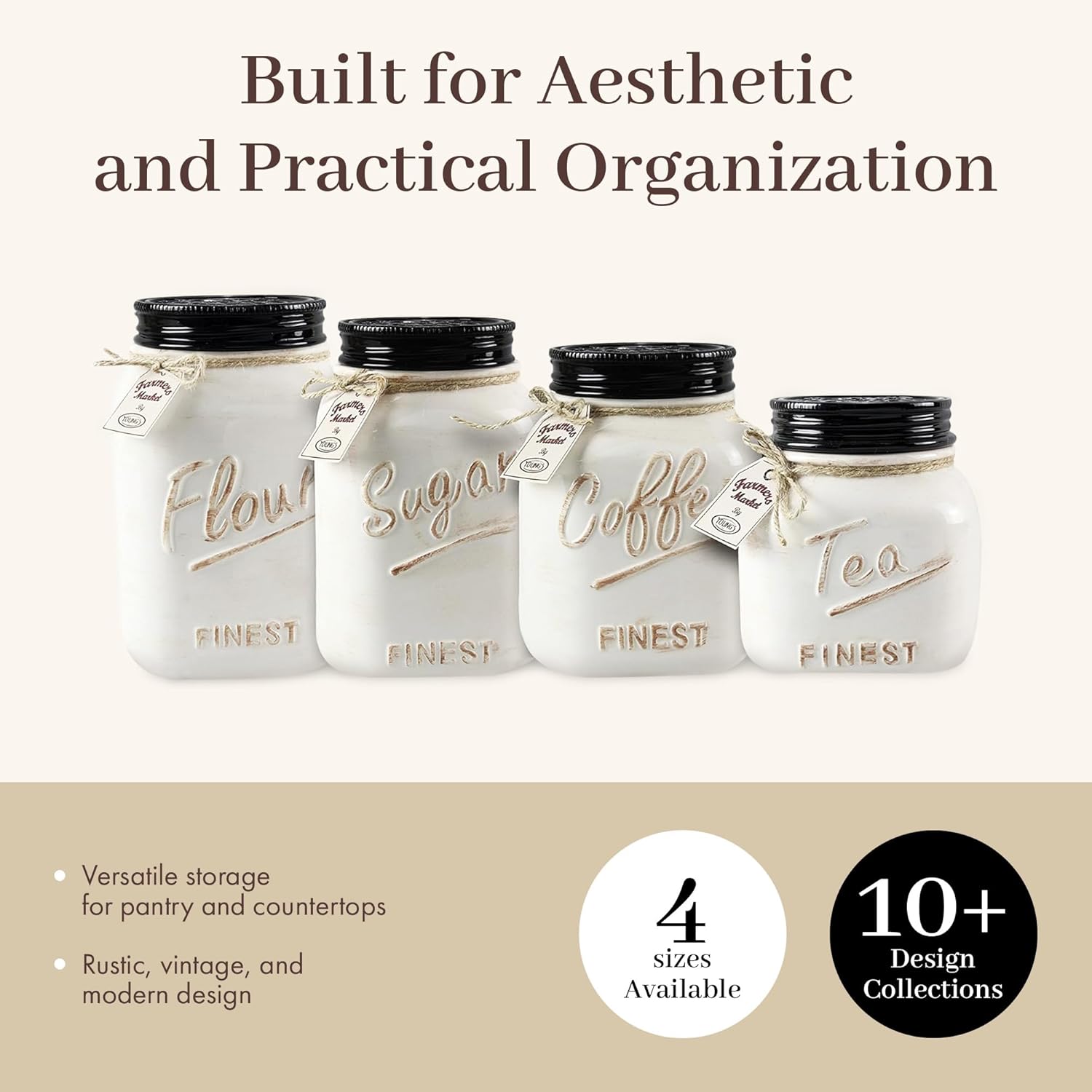 Young's 4 Piece Ceramic Canisters Sets for Kitchen, Country Style Ceramic Containers for Flour, Sugar, Tea and Coffee, Storage Containers with Lids 10.75"-VerdiqueGarden