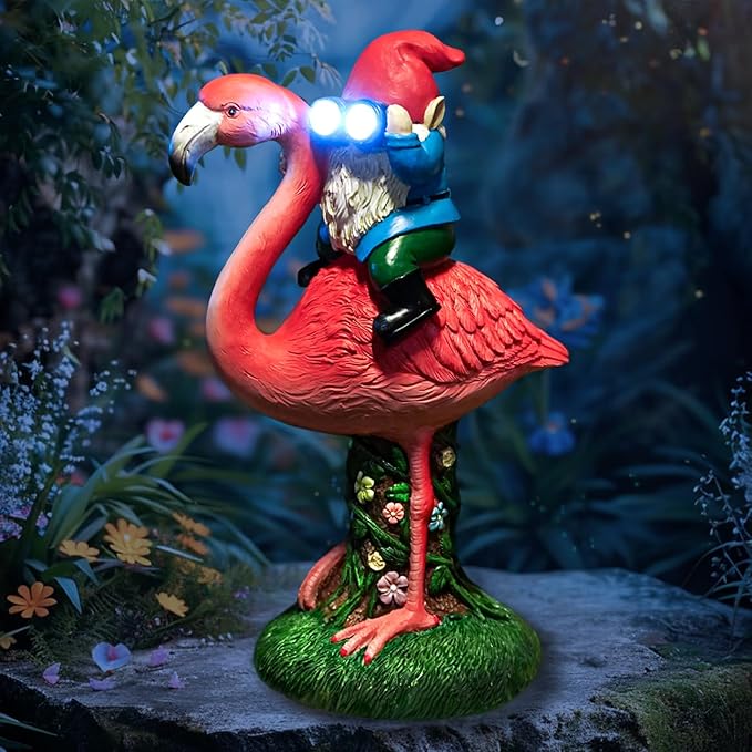 Solar Flamingo Gnome Garden Decor Statue, Outdoor Funny Solar Light Decoration for Yard, Patio, Lawn, Unique Housewarming, Birthday Gift for Women, Mom, Grandma-VerdiqueGarden