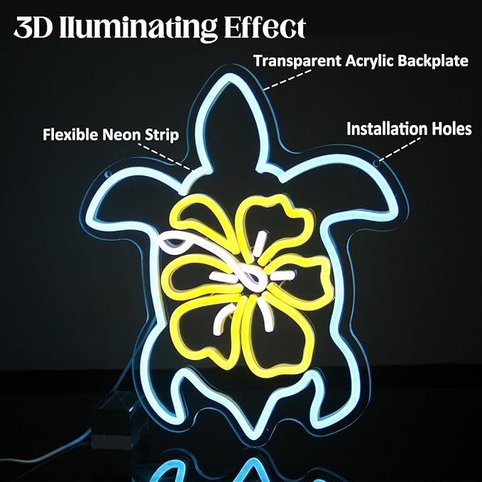 Sea Turtle Hibiscus Neon Signs for Wall Decor Blue Turtle Neon Light Yellow Flower LED Neon Wall Sign Ocean Neon Light Up Sign for Bedroom Living Room Office Decor Sea Turtle Gifts-VerdiqueGarden