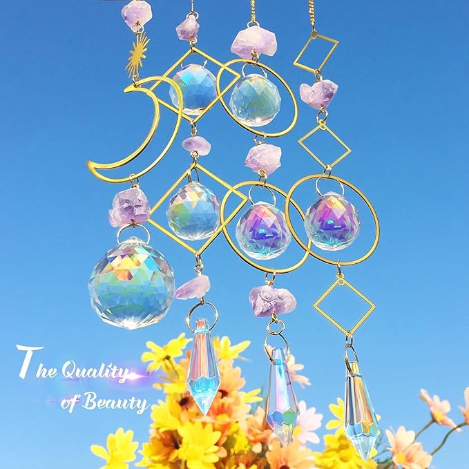 Crystal Suncatcher Rainbow Maker Hanging Prism Ornament Pendant Home Garden Car Decoration 4 Pack Gift Kit Sun Catchers Indoor Window, 13.8 Inch-VerdiqueGarden