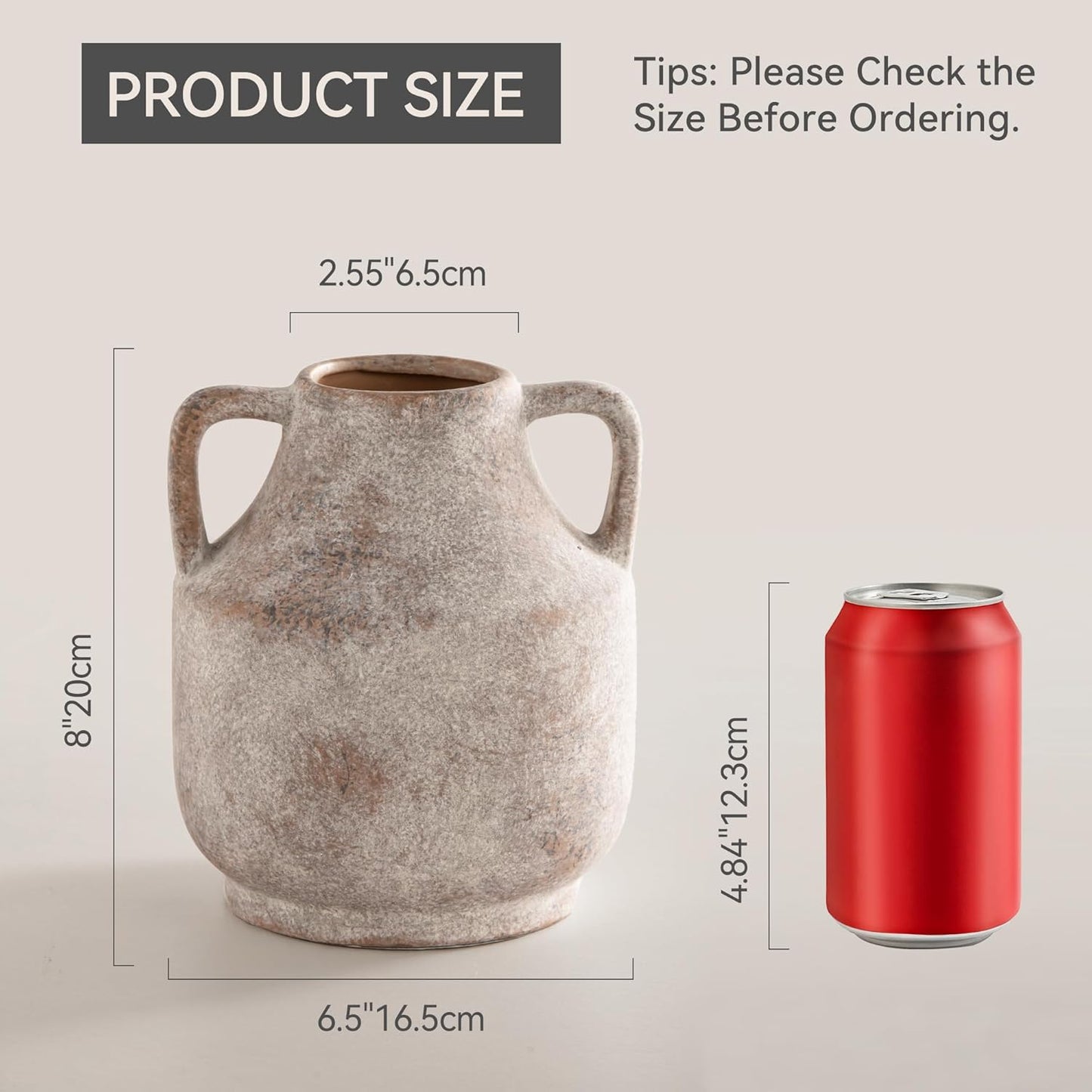 Mitt&Ditt Ceramic Flower Vase with Handles, 8 inch Tall Off-White Vase, Decorative Terracotta Vases, Farmhouse Rustic Pottery Vases for Home Decor, Living Room, Table-VerdiqueGarden