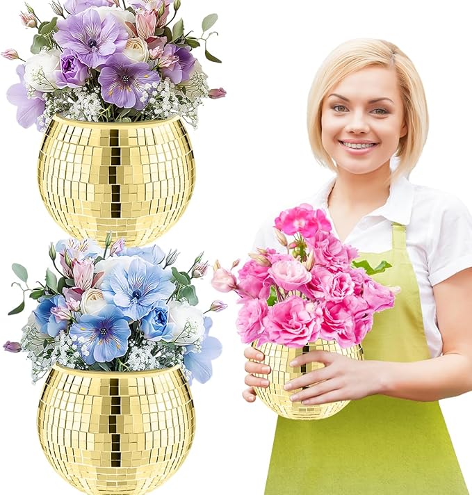 2 Pcs Disco Ball Vase,5 x 6 Inch Mirrored Disco Ball Planter,Disco Ball Candle Holders Perfect Disco Decorative Planters for Living Room Bedroom Table Wedding Party Birthday(Gold)-VerdiqueGarden