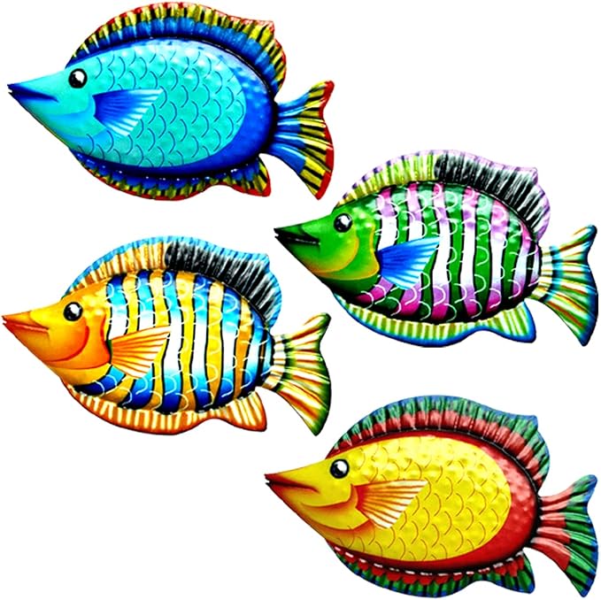 HHgrowe 11.8 Inches Hand-Painted Metal Fish Art Wall Decor Coastal Ocean Sea Hanging Decorations Garden Pool Decor Set of 4 Colorful Outdoor or Indoor Wall Sculptures …-VerdiqueGarden