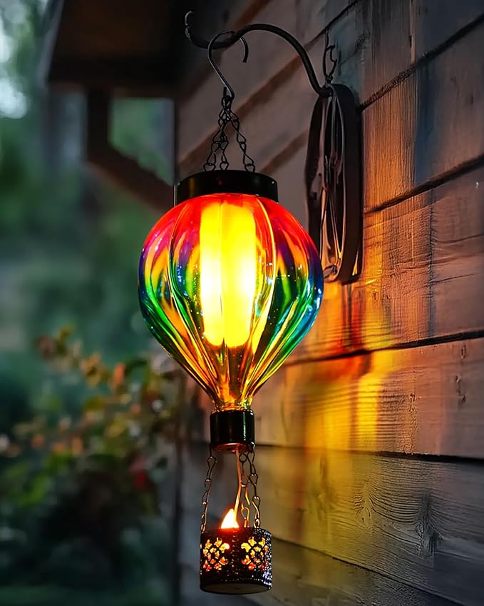 Hot Air Balloon Solar Lantern Outdoor Waterproof with Flickering Flame Gifts for Women Grandma Mom Glas Hanging Solar Lights Decorative for Outside Wall Front Porch Yard Garden Fence-VerdiqueGarden