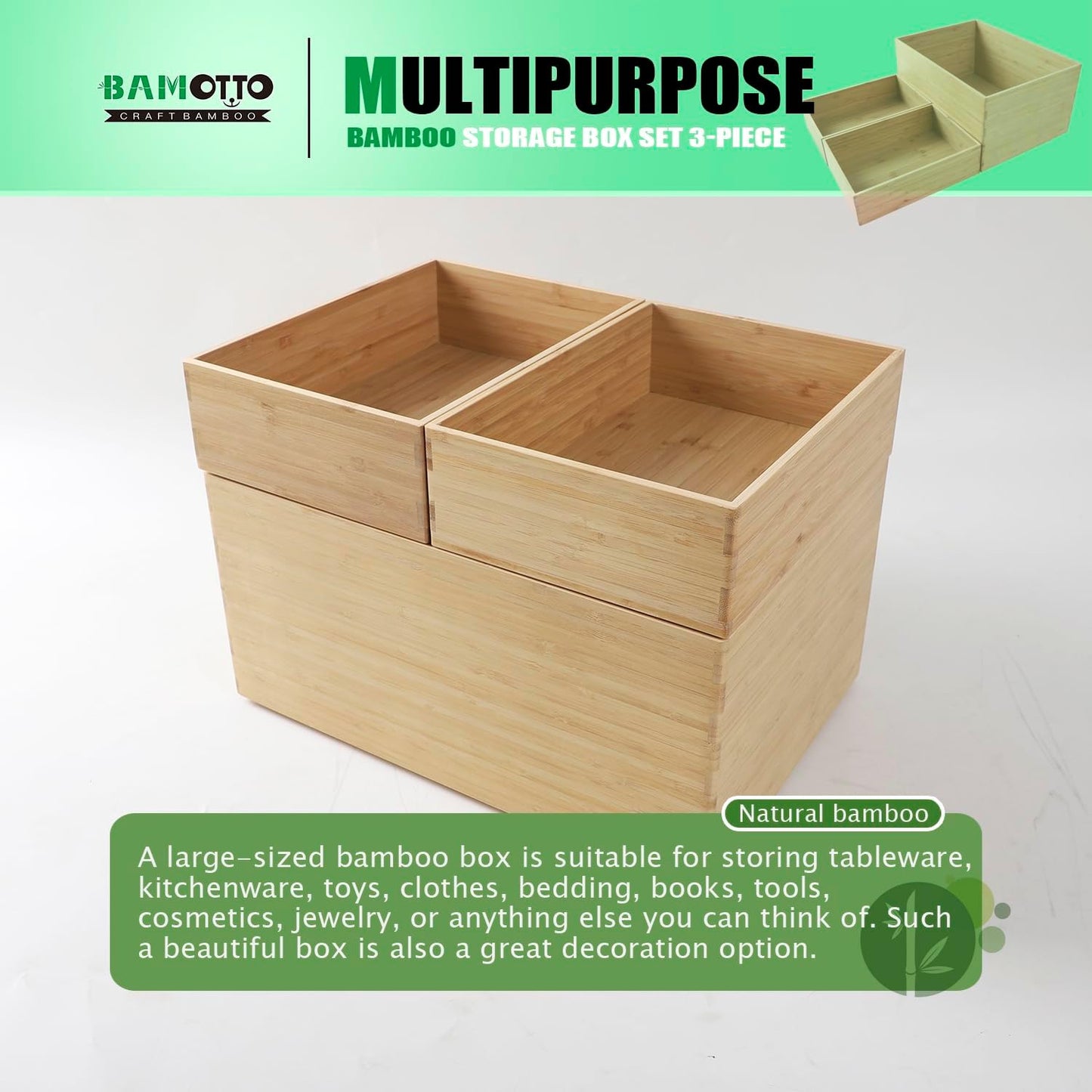 3-Piece Large Bamboo Storage Box Set, 7.1 in High Stackable Deep-Drawer Organizer for Kitchen Cutlery, Utensils & Knives, Exquisite and Durable Lidless Wooden Bin (14.6"x10.2x7.1"*1+10.2"x7.3"x3"*2)-VerdiqueGarden