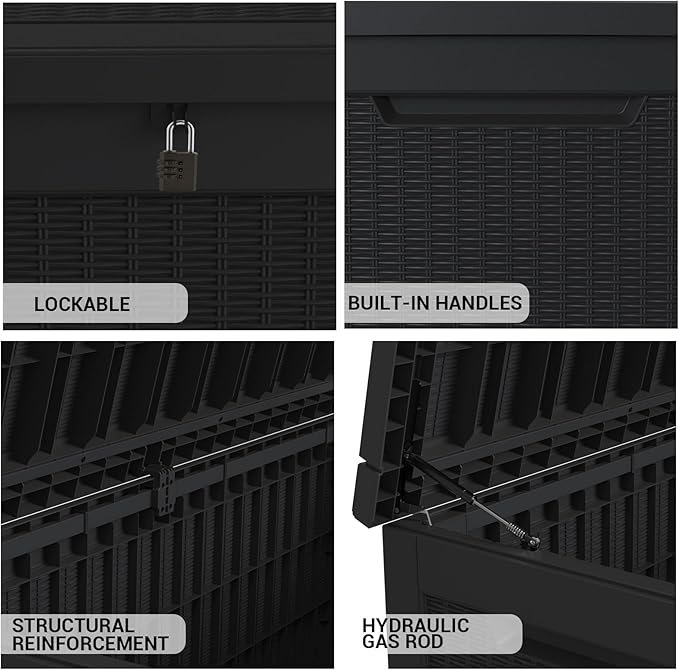 DRATO 260 Gallon Deck Box, Outdoor Large Waterproof Resin Storage Box with Lockable Lid for Patio Cushions, Gardening Tools, Sports Equipment, Black-VerdiqueGarden