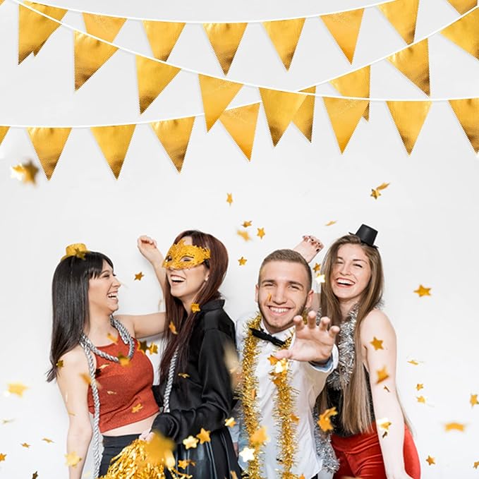 Gold Party Decorations Metallic Fabric Triangle Pennant Banner Gold Flag Bunting Garland for Graduation Birthday Wedding Anniversary Bridal Shower Bachelorette Engagement Hen Party Decoration Supplies-VerdiqueGarden